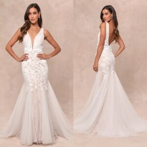 Exceptional Vow White Tulle Lace Applique Mermaid Maxi Dress Wedding Bride Chic